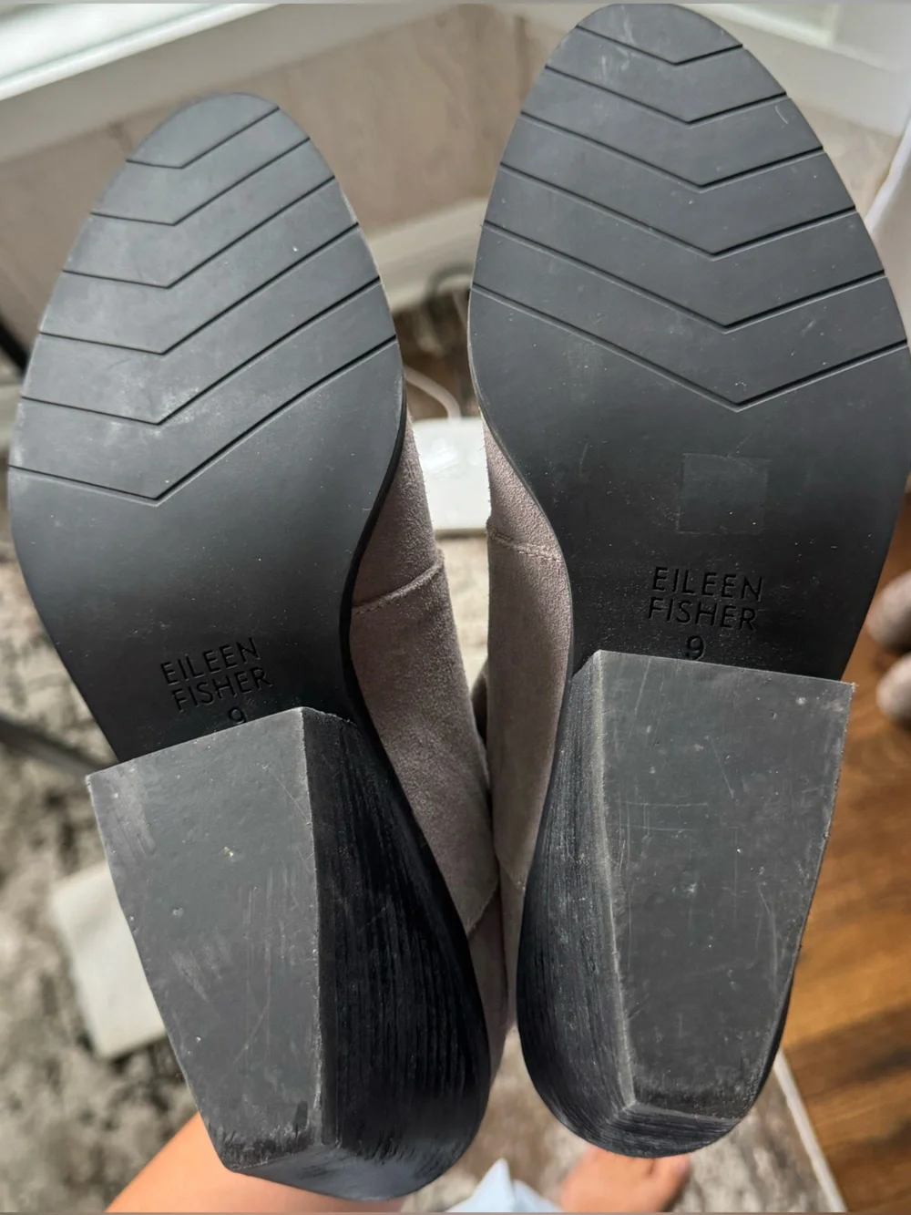 Eileen Fisher Gray Suede Ankle Booties with Stacked Heel